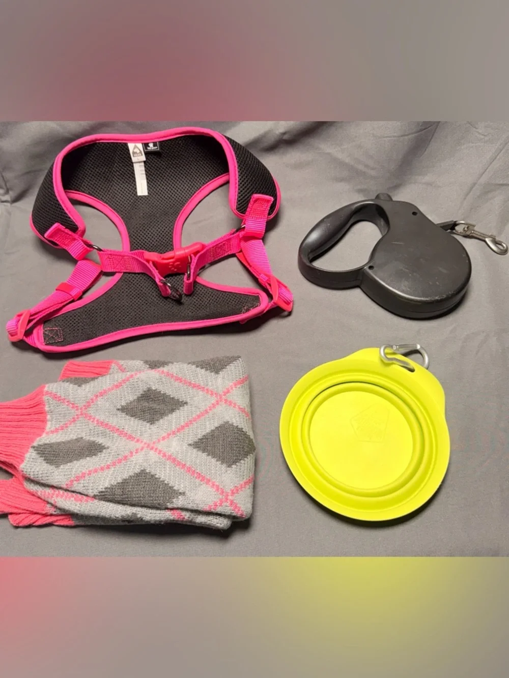 Mesh Dog Harness, Yellow Travel Bowl, Retractable leash and pink sweater